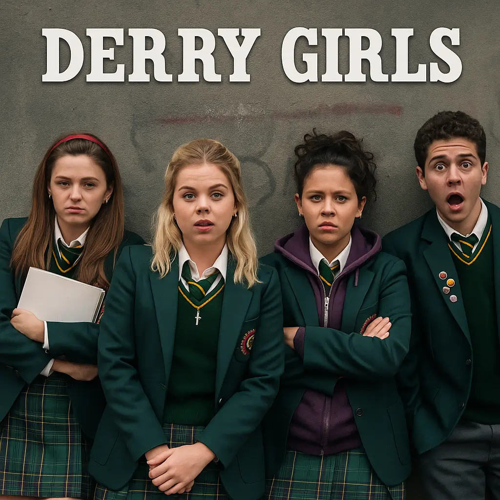 1990년대 북아일랜드를 배경으로 교복을 입은 10대 친구들이 벽 앞에 나란히 서 있는 Derry Girls 홍보 이미지